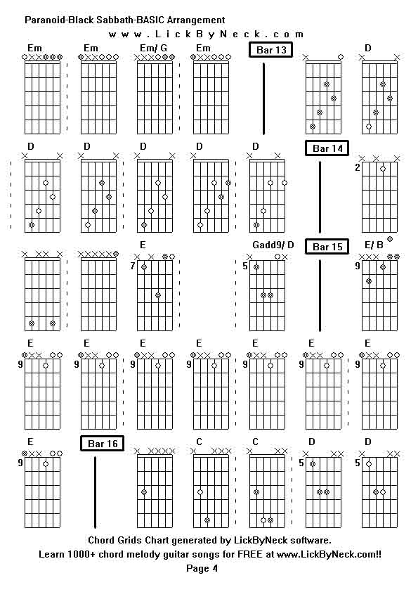 Chord Grids Chart of chord melody fingerstyle guitar song-Paranoid-Black Sabbath-BASIC Arrangement,generated by LickByNeck software.